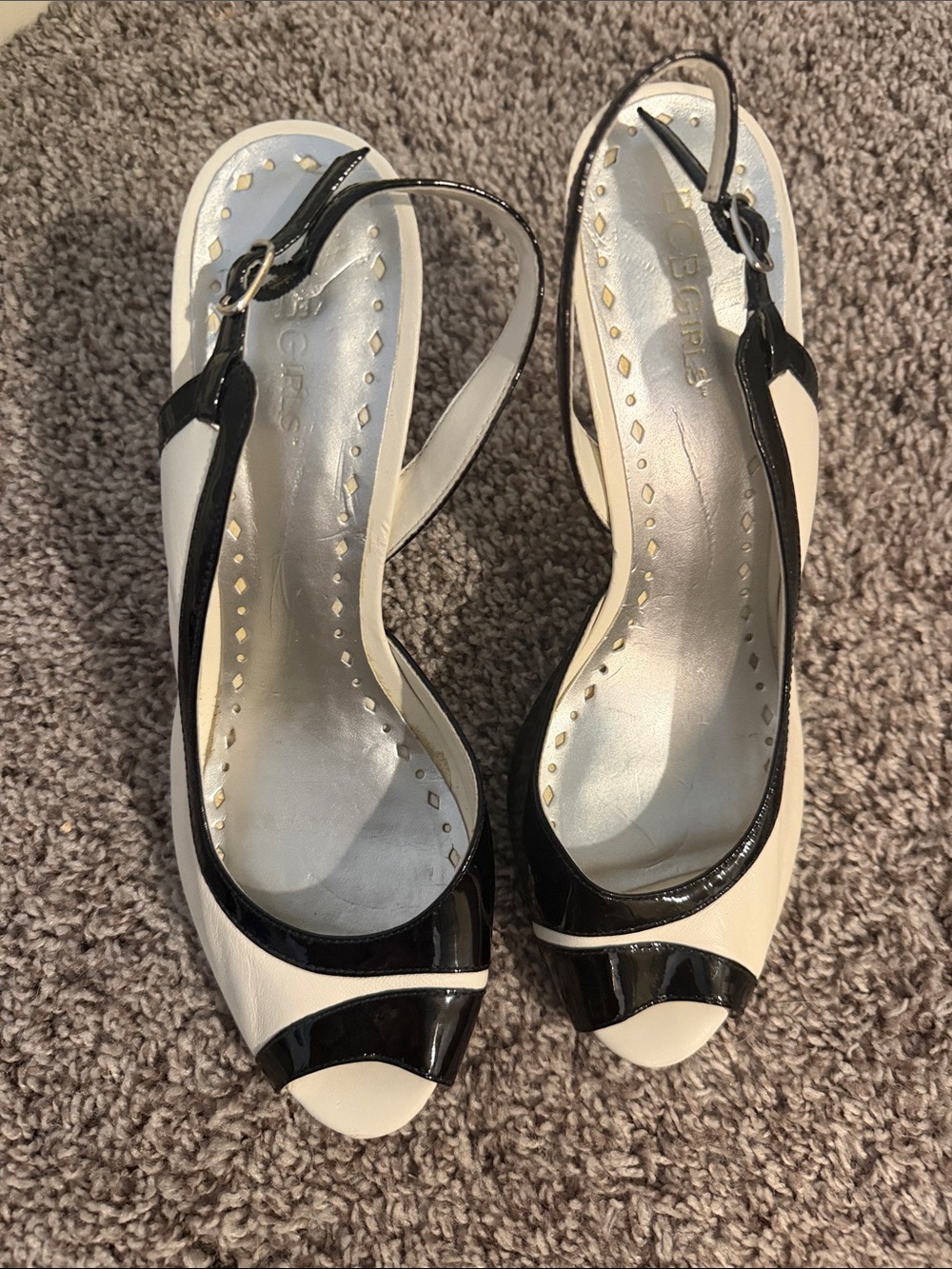 BCB GIRLS Two-Tone Black and White Slingback Peep-Toe Heels